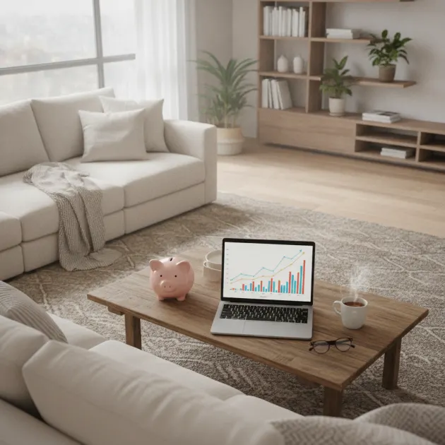 Celengan babi di sebelah laptop yang menampilkan grafik perkembangan dana darurat untuk masa depan finansial yang aman.