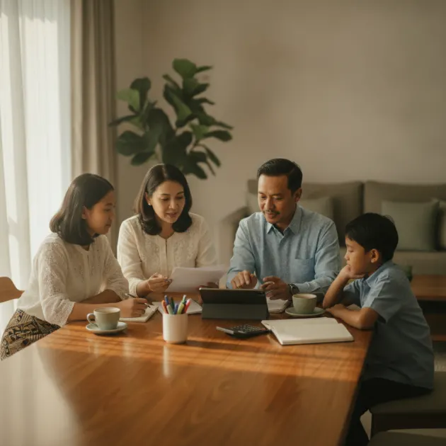 Keluarga sedang berdiskusi hangat di meja makan mengenai etika pinjam keluarga agar terhindar dari konflik finansial.