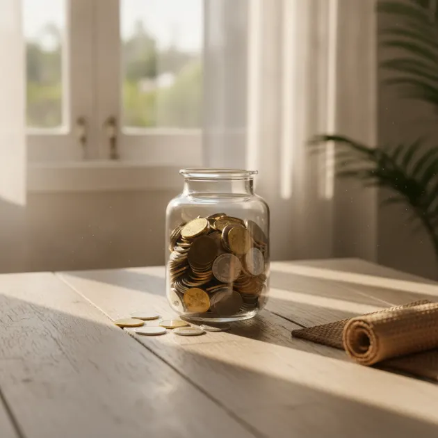 Sebuah toples kaca transparan berisi penuh koin rupiah hasil menabung receh diletakkan di atas meja kayu.