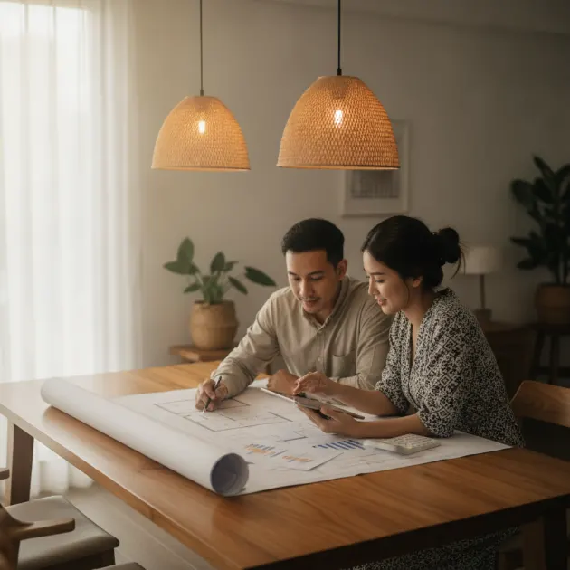 Pasangan muda sedang merencanakan anggaran kredit rumah pertama mereka dengan memilih antara KPR syariah dan konvensional.