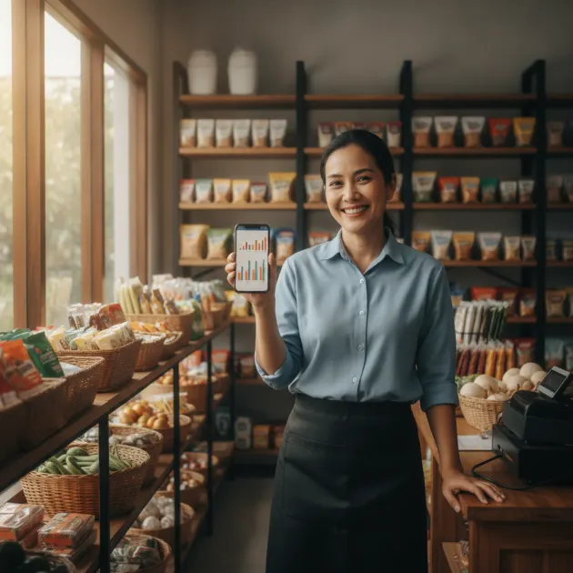 Seorang pemilik warung kelontong sedang tersenyum sambil memegang smartphone untuk melakukan pembukuan UMKM secara digital.