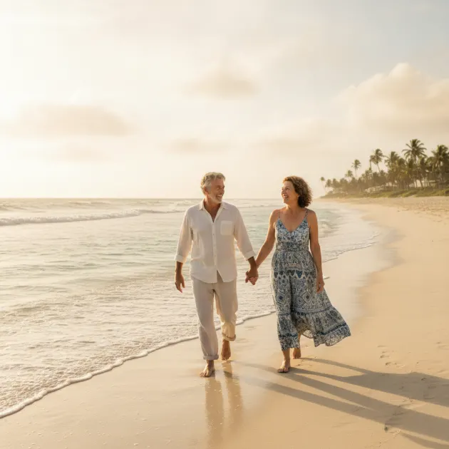 Pasangan lansia bahagia berjalan di pantai, menggambarkan hasil sukses dari investasi pensiun sejak dini.