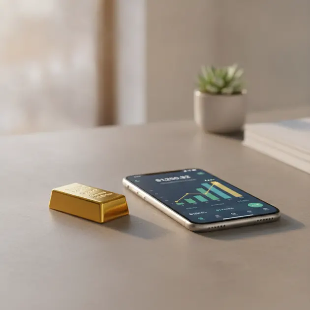 Kepingan emas logam mulia di samping smartphone untuk ilustrasi cara aman memulai nabung emas bulanan sebagai instrumen hedging